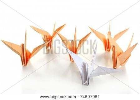 Individuality concept. Origami birds on light background