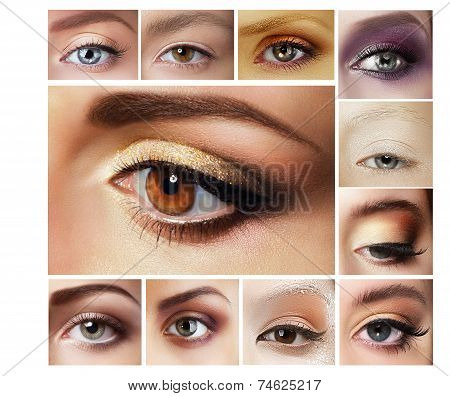 Set Of Eyeshadow. Mascara. Mix Of Women's Eyes