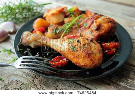 Plate with roasted chickern legs