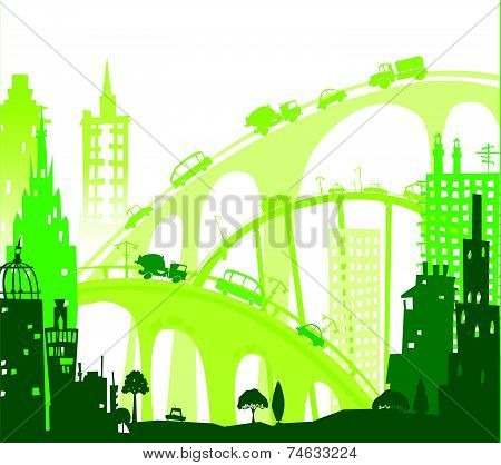 City roads and motorways with lots of traffic. Commuting time illustration