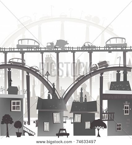 City roads and motorways with lots of traffic. Commuting time illustration