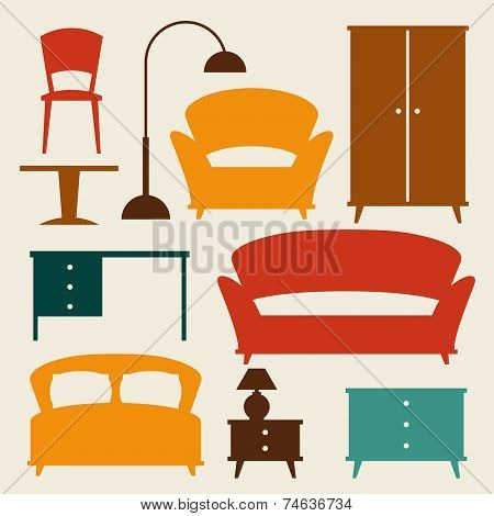 Interior icon set with furniture in retro style.