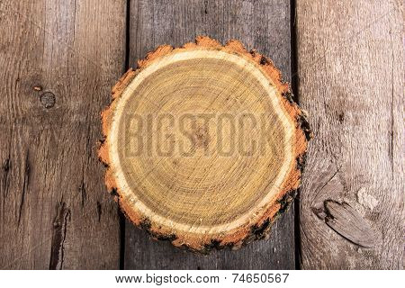 Tree Stump Round Cut With Annual Rings On Wooden Background