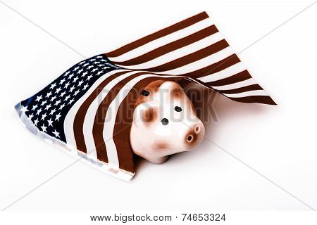 Pig Money Box And Usa Flag