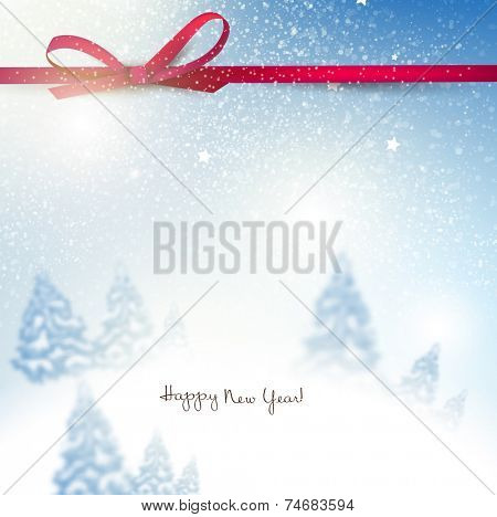 Beautiful Christmas background with blurred Christmas trees. White winter landscape. Starry sky. Vector Illustration