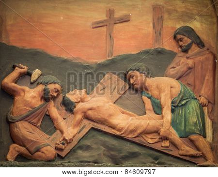 Bangkok Thailand - February 28 : The Carving Of Jesus Is Nailed To The Cross At Station Xi, Good Fri