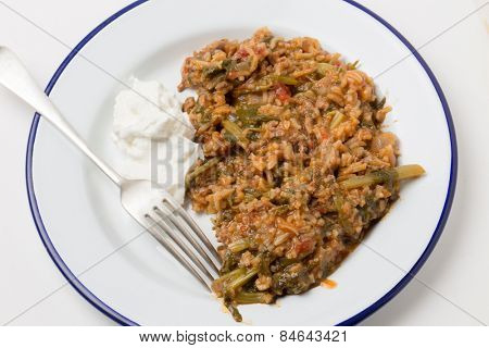 Traditional Turkish and East Mediterranean home-cooked minced beef and spinach, kymali ispanak, a popular comfort food.