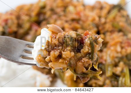 Traditional Turkish and East Mediterranean home-cooked minced beef and spinach, kymali ispanak, a popular comfort food.