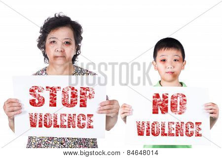 Senior And Kid Abuse With A Black Eye Bruised And Injured Holding Stop Violence Horizontal Paper.