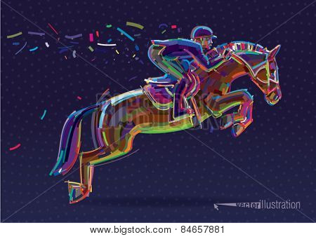 Equestrian sport- rider in jumping show. Vector artwork in the style of paint strokes.