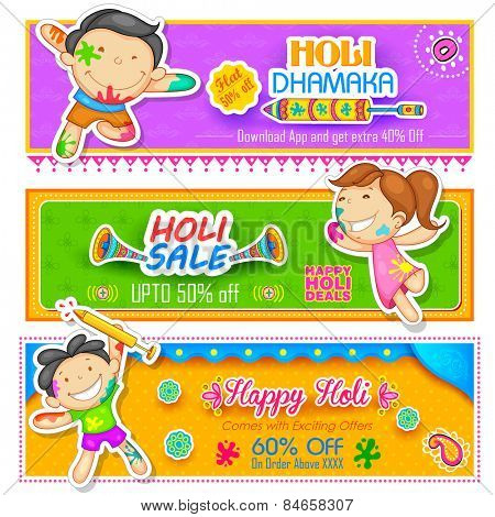 illustration of kids playing Holi with color and pichkari