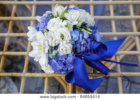 Beautiful wedding bouquet of hydrangea, eucharis and eustoma flowers