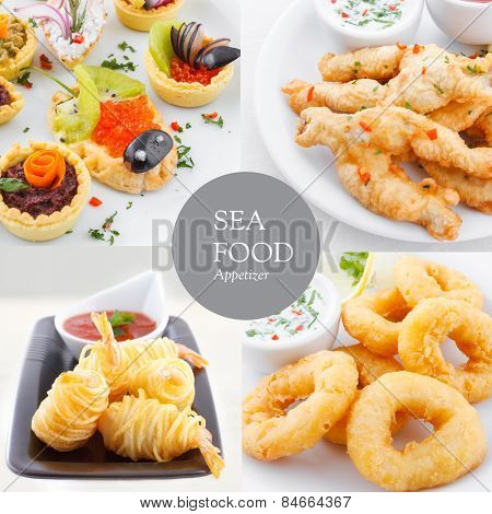 Fried seafood appetizer platter with fish, shrimp, calamari, frog legs and fish eggs, collage