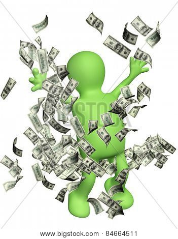 Happy puppet with money. Isolated on white background