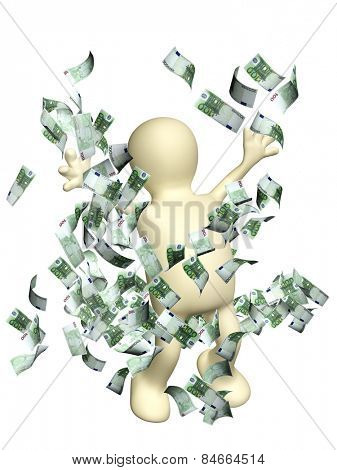 Happy puppet with money. Isolated on white background