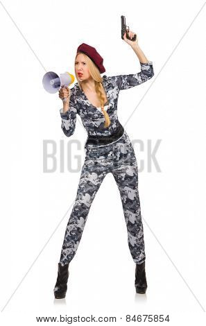 Woman soldier with gun and loudspeaker isolated on white