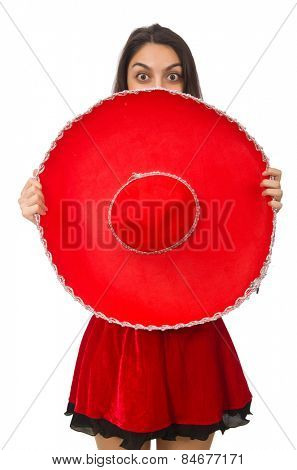 Woman wearing red sombrero isolated on white
