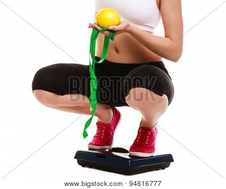 Woman Legs Weighing Scale. Slimming Weight Loss.