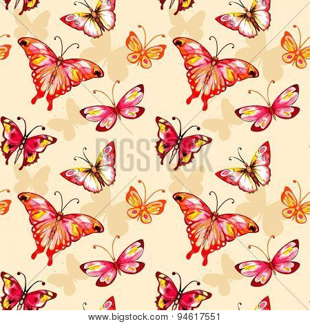 Flying watercolor butterfly seamless pattern. Vector background.
