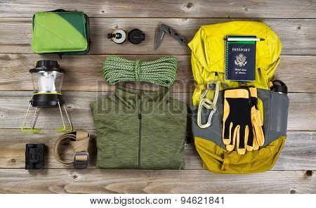 Climbing Gear For Hiking On Rustic Wooden Boards
