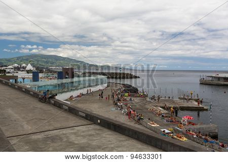 PONTA DELGADA, PORTUGAL - JUN 15, 2015: View of the Sea Port of Ponta Delgada (Azores). City is located on Sao Miguel Island (232.99 km2) Region capital under the revised constitution of 1976.