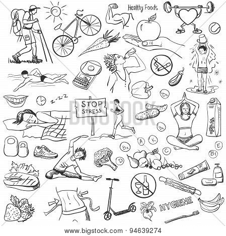 Hand drawn about healthy lifestyle on white background.