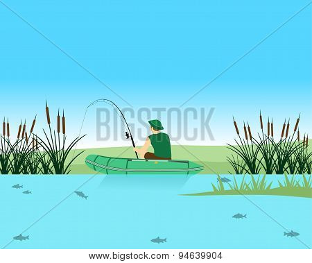 Fisherman catches a fish in the lake on the Spinning. Vector illustration