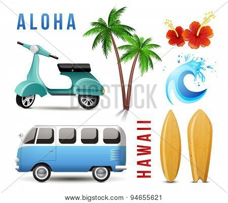 Highly detailed surfing set in retro style 