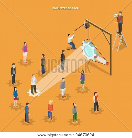 Employee search flat isometric vector concept.