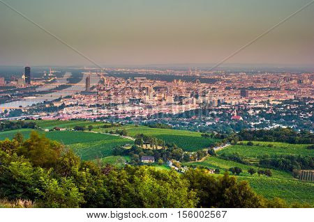 Beautiful view of skyline of Vienna and Danube River with green trees of Doebling district, Austria. Travel photo of the landmark.