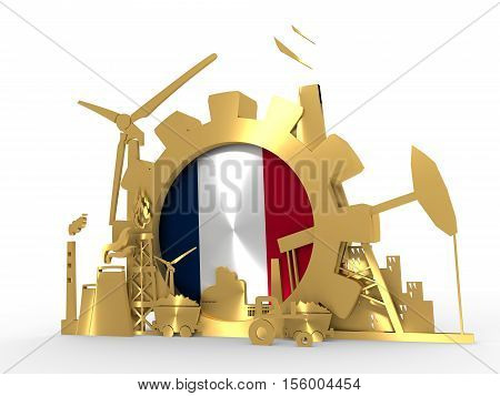 Energy and Power icons set with France flag. Sustainable energy generation and heavy industry. 3D rendering. Golden material