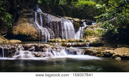 Huai Mae Khamin Waterfall is a major attraction in Sri Nakarin Dam National Park. Kanchanaburi Province Thailand.