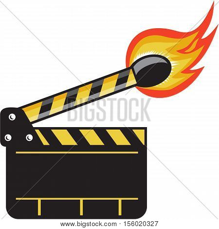 Illustration of a clapper board movie camera slate board match stick on fire set on isolated white background done in retro style.