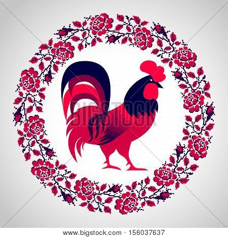 Red fire rooster as symbol of 2017. Floral traditional embroidery style frame with cartoon rooster