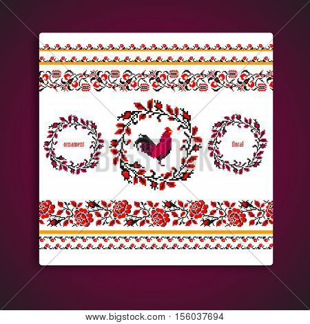 Red fire rooster embroidery as symbol of 2017. Floral traditional frame and borders