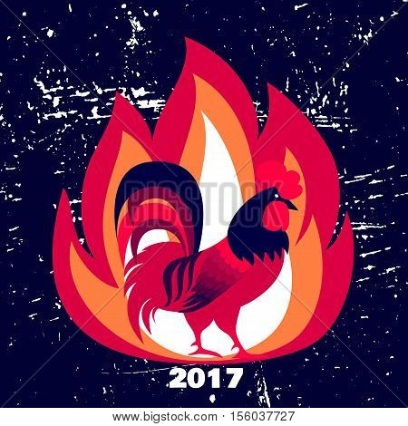 Red fire rooster as symbol of 2017. Vector illustration on grunge background