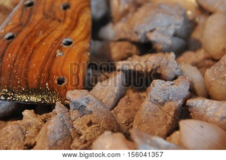 Afelia. Cypriot national dish of marinated and stewed pork in aromatic spices.