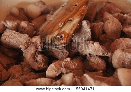 Afelia. Cypriot national dish of marinated and stewed pork in aromatic spices.