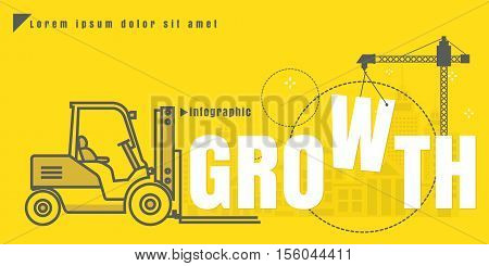 infographic Vector creative illustration of growth text forklift city building crane on yellow background. concept. Thin line art style design of startup service