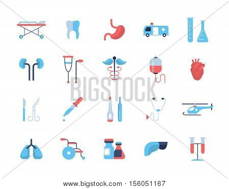 Medical Set - modern vector flat design icons and pictograms. Tooth, stomach, ambulance, kidneys, heart, haemotherapy, thermometer, helicopter lungs wheelchair medicines liver equipment
