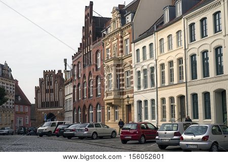 WISMAR GERMANY - OCTOBER 14 2016: Part of Wismar Old Town with restored vintage houses October 14 2016 Germany.
