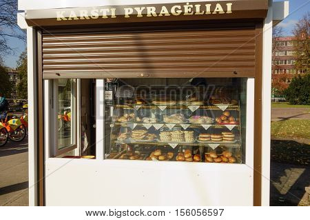 Vilnius Lithuania - October 16 2016: Vilnius is a tourist and cultural center of Lithuania. Box sells fast food meal.