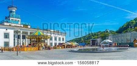 KIEV UKRAINE - SEPTEMBER 8 2016: The fountain in front of River Port in Postal (Poshtova) Square in Podol district on September 8 in Kiev.