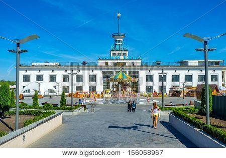 KIEV UKRAINE - SEPTEMBER 8 2016: The facade of the River Port and Amusement park in Postal (Poshtova) Square located at the bank of Dnieper River on September 8 in Kiev.