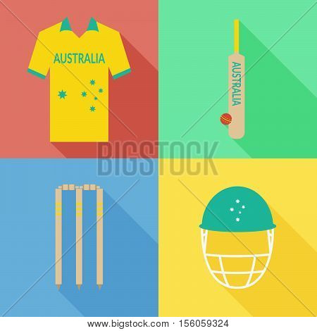 Australia cricket icons in flat design with long shadows