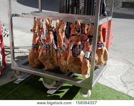Trevelez Spain - October 31 2016: Large consignment of cured ham being delivered to shop