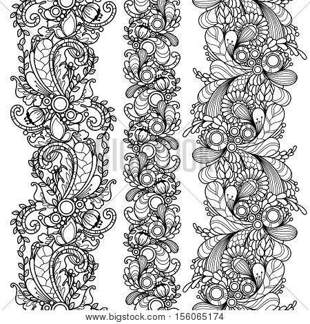 Vector set seamless pattern borders in doodle style. Floral, nature, ornate, decorative, tribal, abstract pattern. Black and white monochrome background. Zentangle hand drawn coloring book page