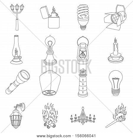 Light source set icons in outline style. Big collection of light source vector symbol stock