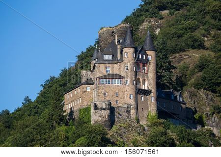 Ancient castle Katz Germany Rhineland-Palatinate Rhine River Valley - UNESCO World Heritage exterior close-up on blue sky background