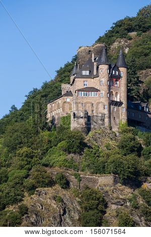Ancient castle Katz Germany Rhineland-Palatinate Rhine River Valley - UNESCO World Heritage exterior close-up on blue sky background